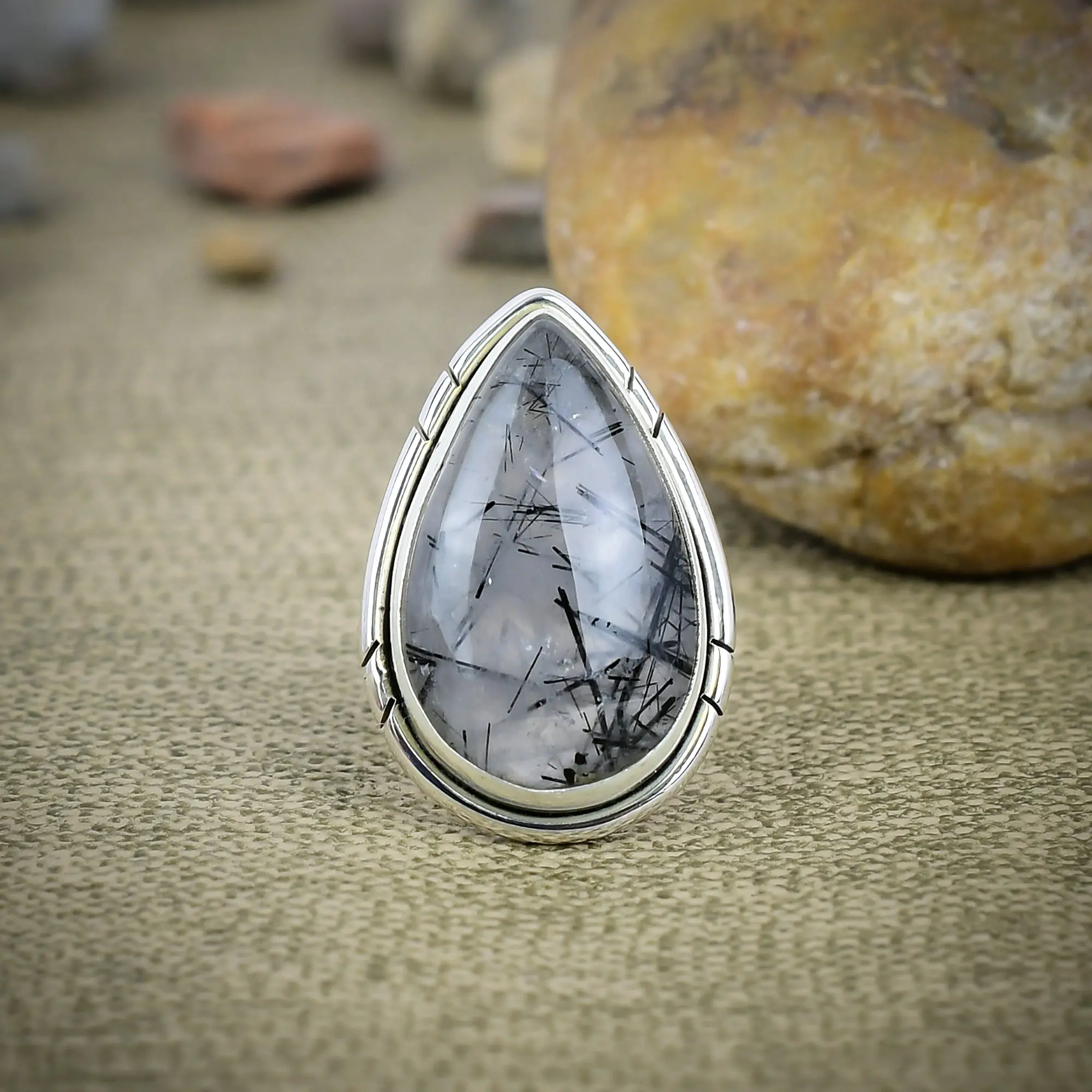 Nakshmart Natural Black Rutile Quartz Statement Ring in 925 Silver