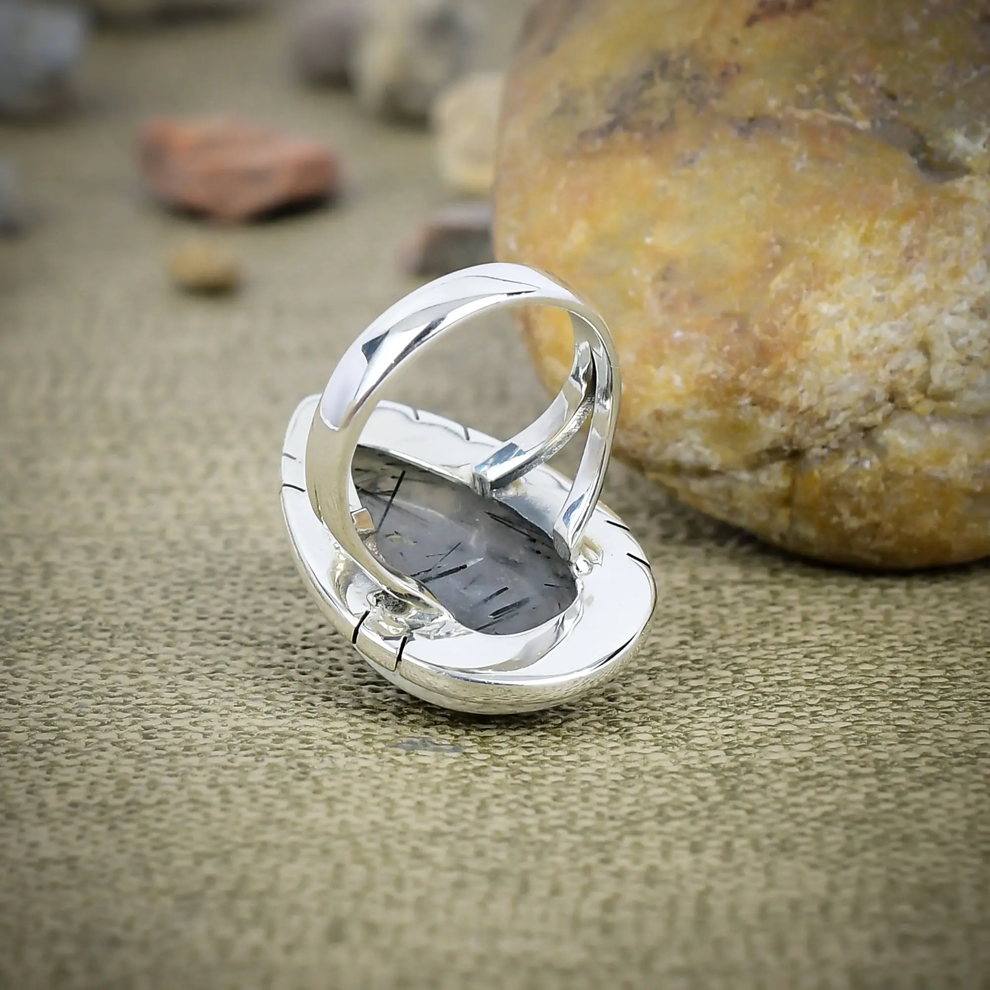 Nakshmart Natural Black Rutile Quartz Statement Ring in 925 Silver