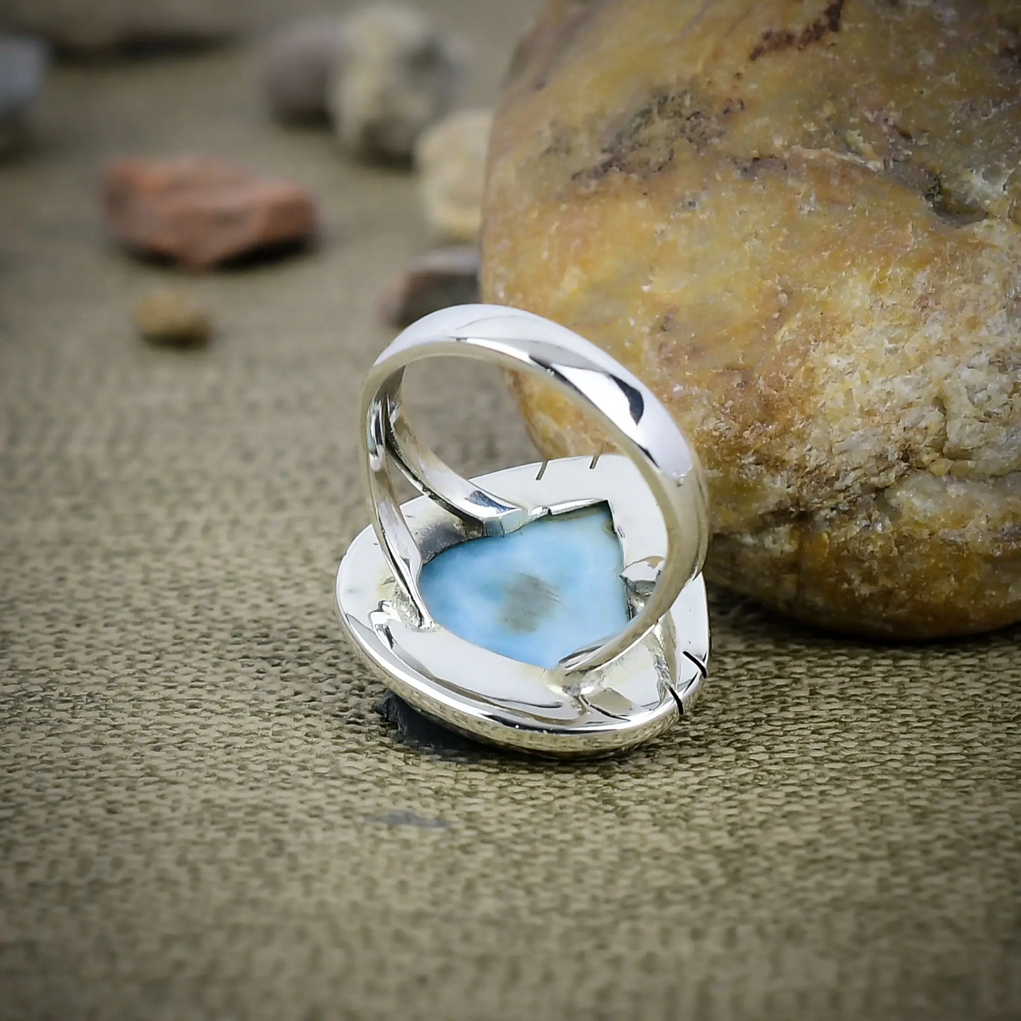Natural Larimar Statement Ring in Handcrafted 925 Sterling Silver