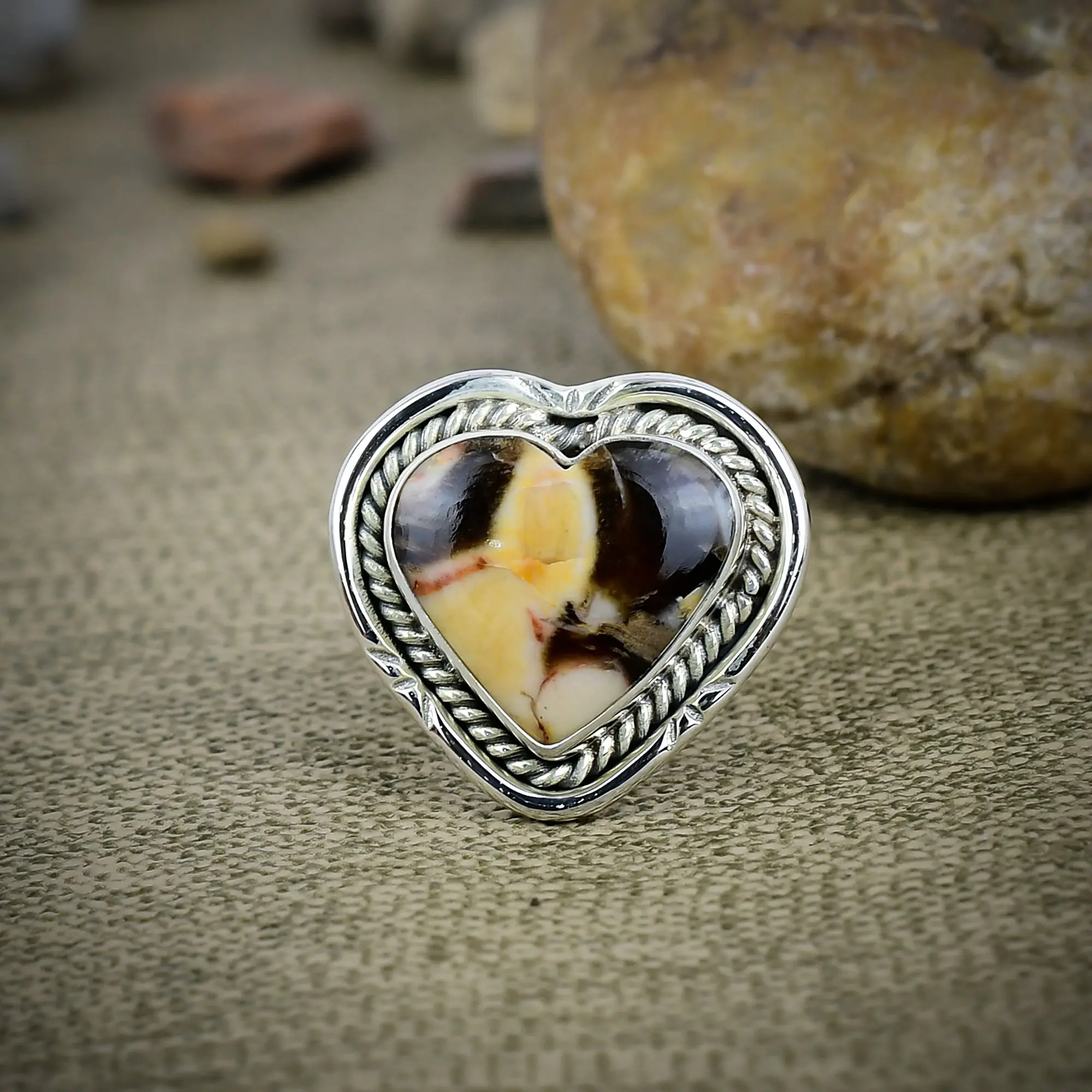 Natural Peanut Wood Jasper Statement Ring in 925 Sterling Silver