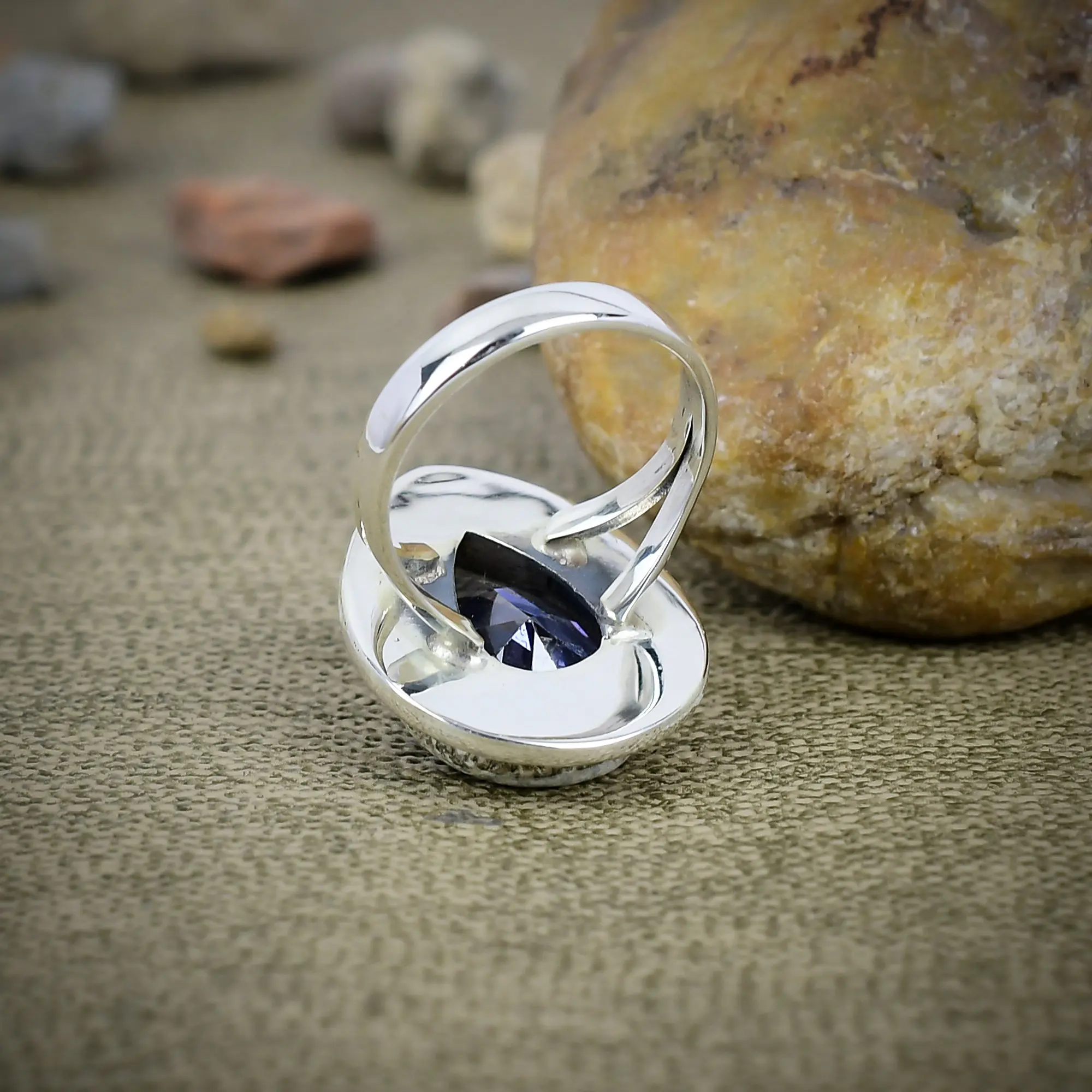 Nakshmart Natural Amethyst 925 Sterling Silver Bezel Statement Ring