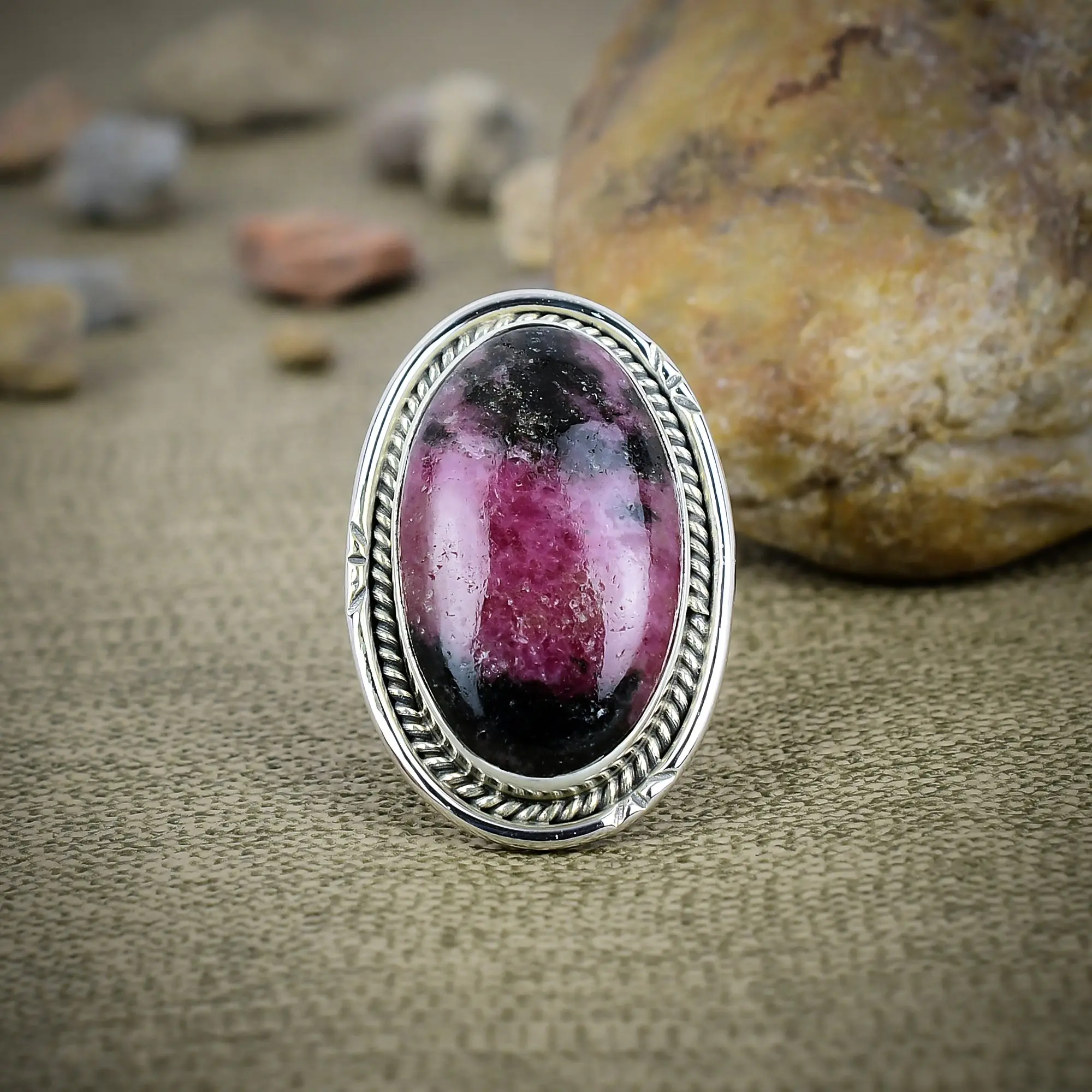Nakshmart Natural Rhodonite Statement Ring in 925 Sterling Silver