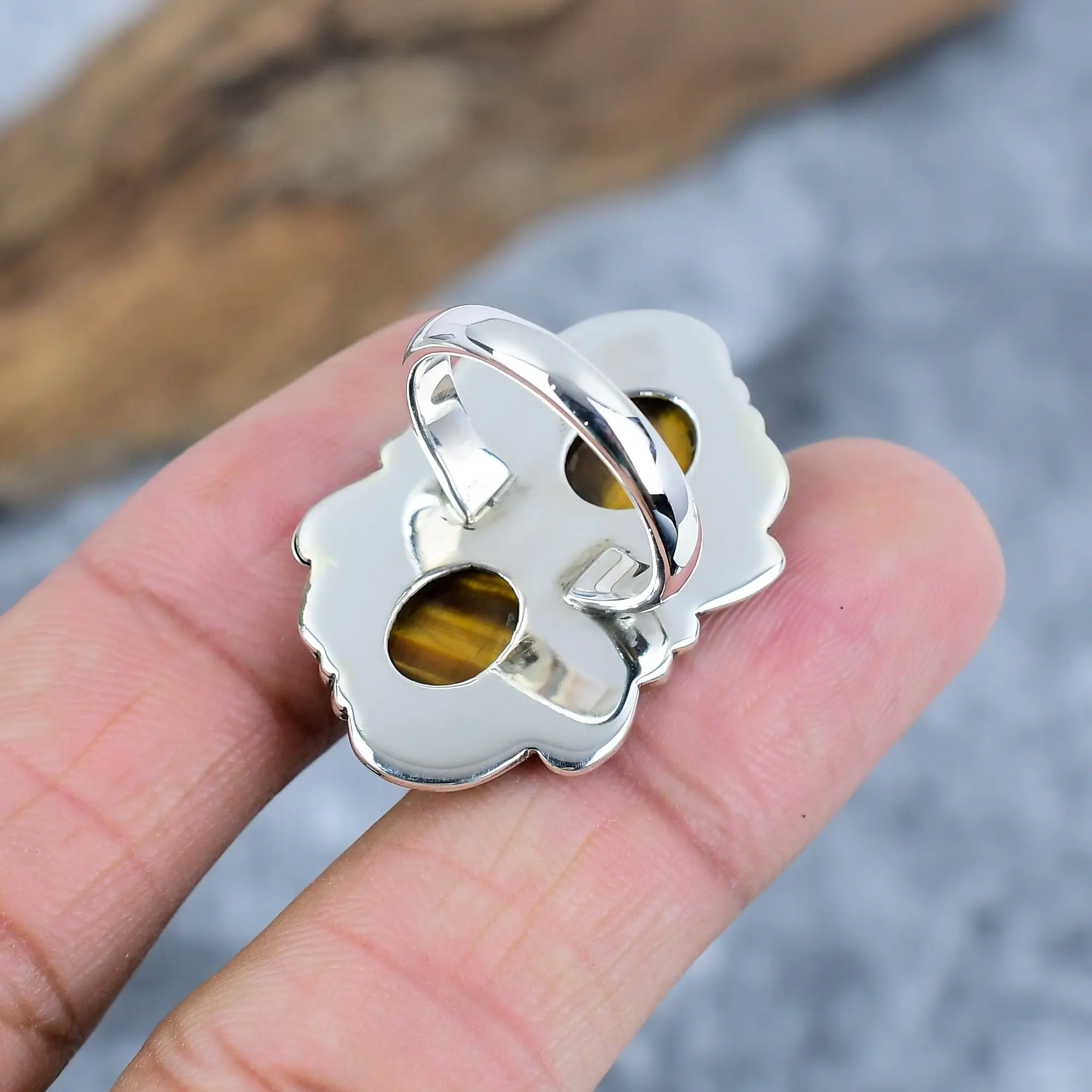 Nakshmart Natural Tiger's Eye 925 Sterling Silver Statement Ring