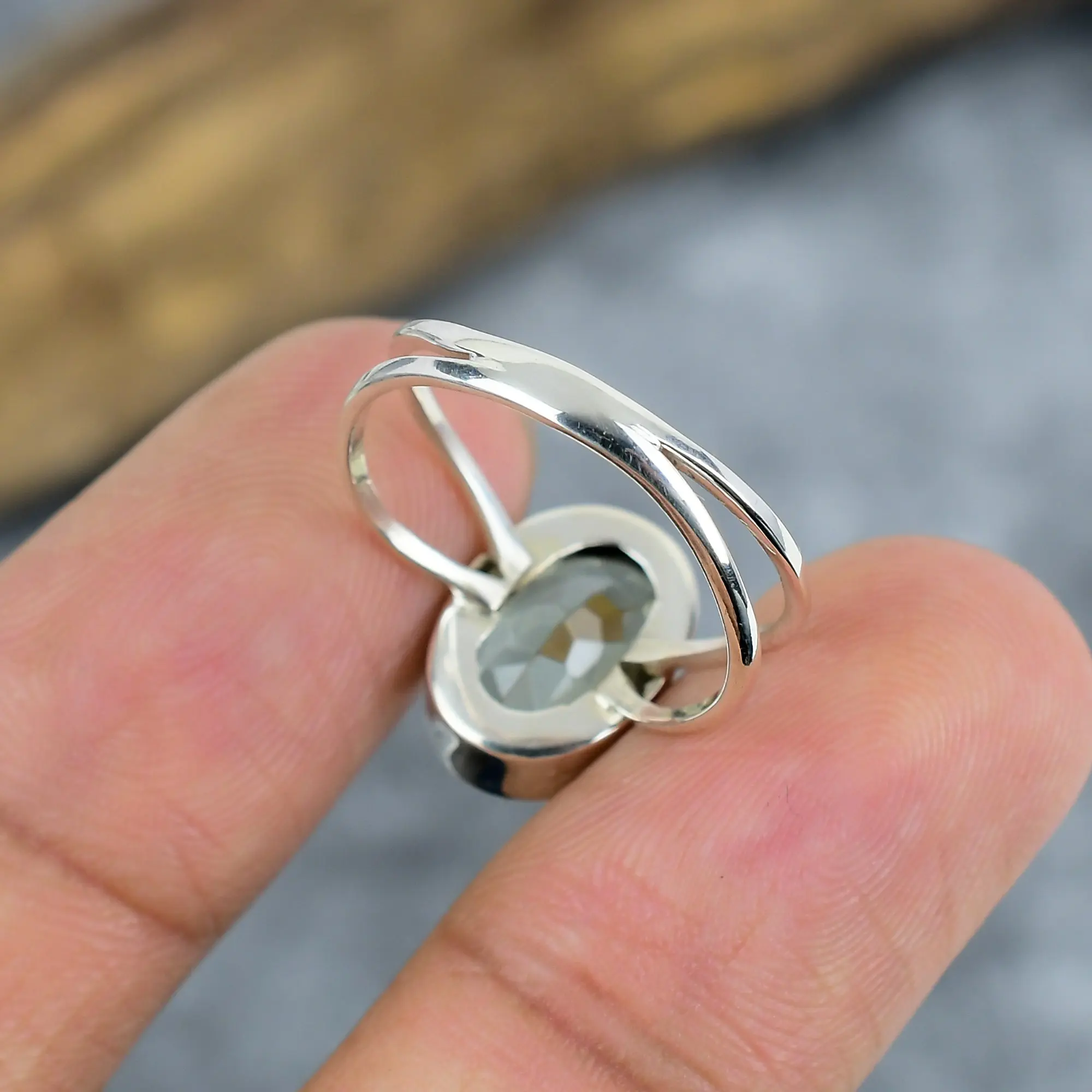 Nakshmart 925 Silver Natural Green Amethyst Bezel Statement Ring
