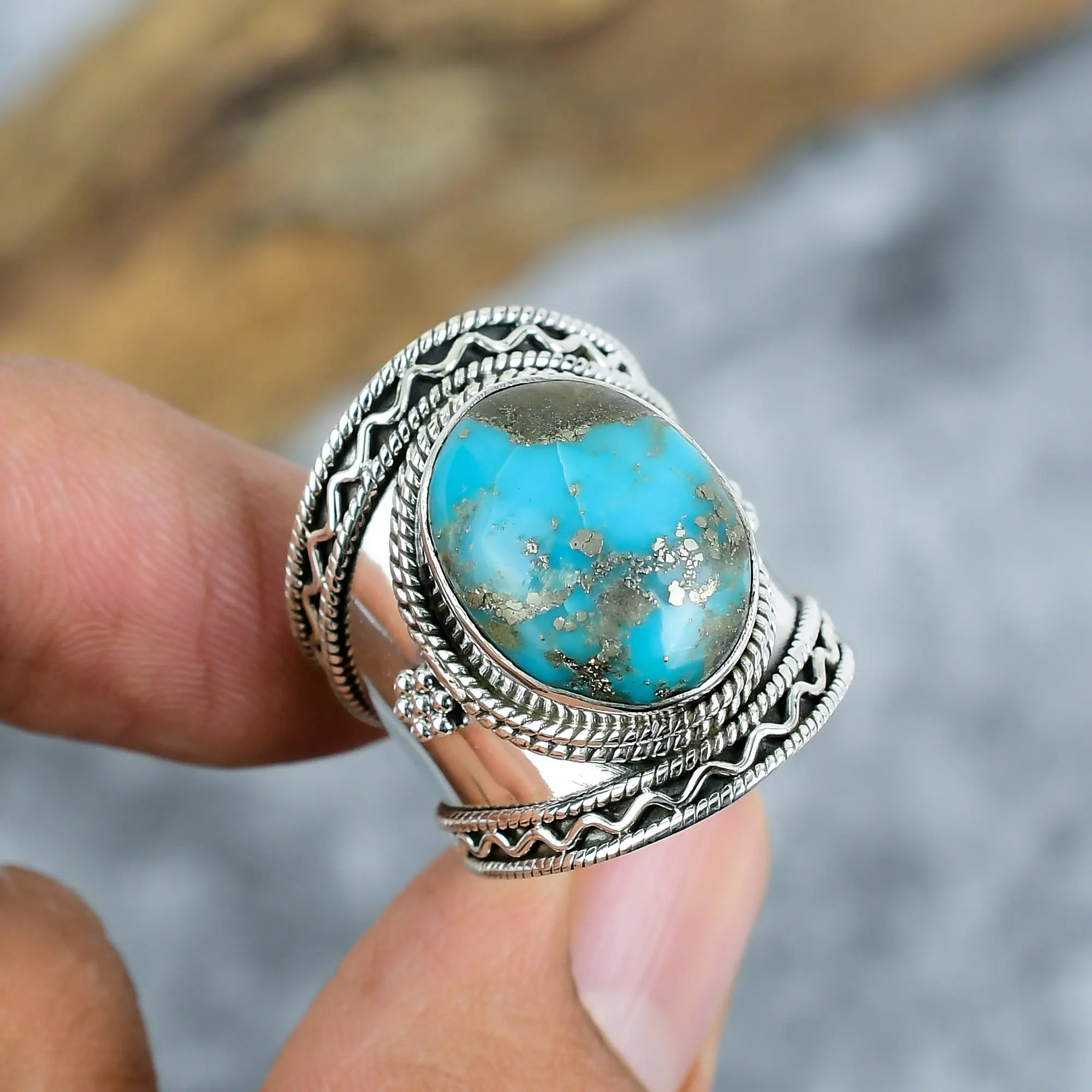 Natural Turquoise Bezel Statement Ring in 925 Sterling Silver