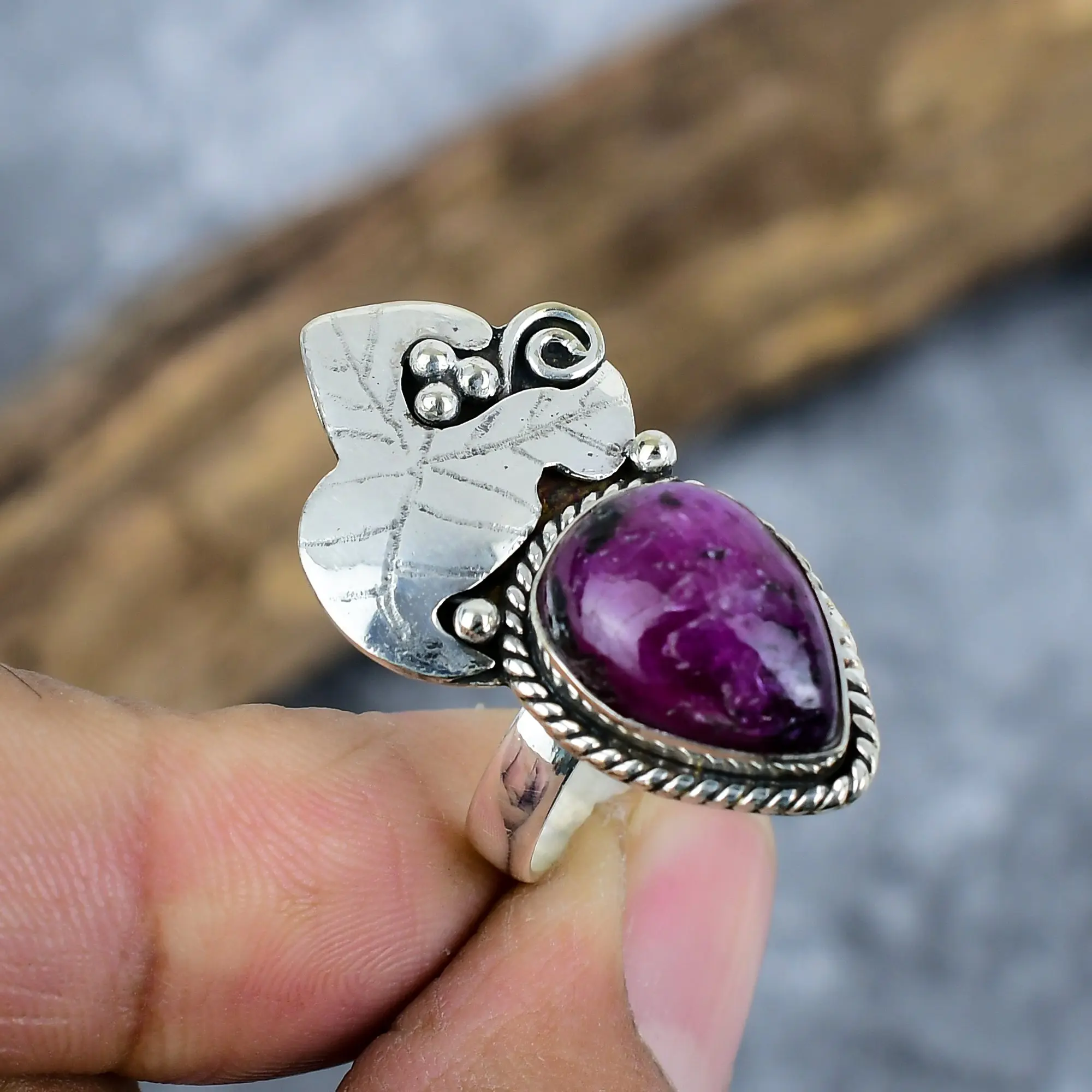 Nakshmart Natural Ruby Zoisite 925 Sterling Silver Statement Ring
