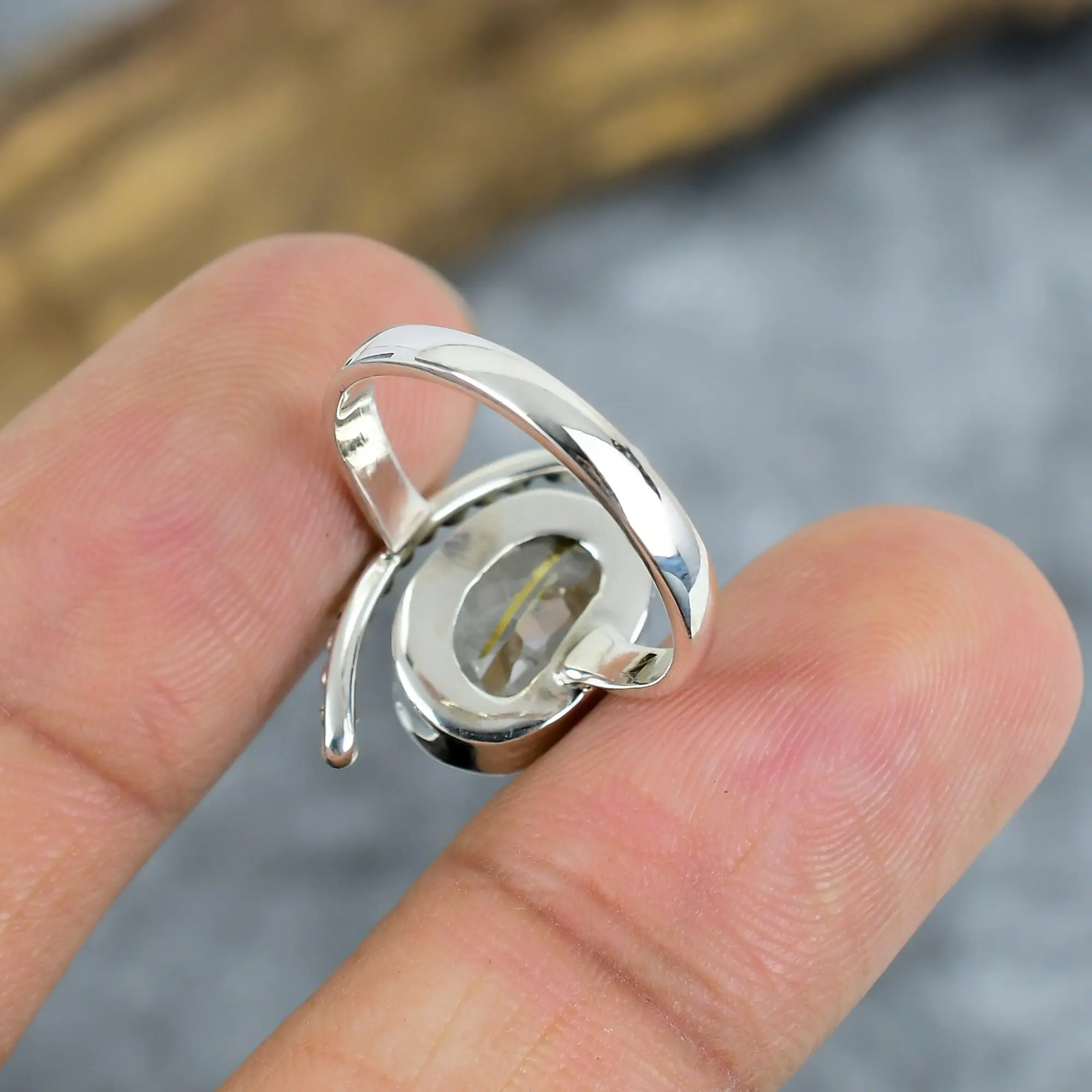 Nakshmart 925 Sterling Silver Natural Golden Rutile Statement Ring