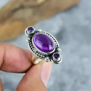 Sage Amethyst Statement Ring in 925 Sterling Silver Bezel Setting