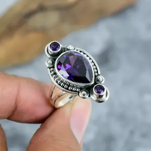 Nakshmart 925 Sterling Silver Amethyst Statement Ring