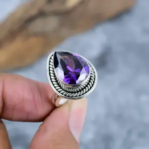 Nakshmart Natural Amethyst 925 Sterling Silver Bezel Statement Ring