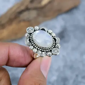 Nakshmart Natural Moonstone 925 Sterling Silver Statement Ring