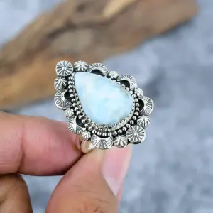 Nakshmart Natural Larimar 925 Sterling Silver Bezel Statement Ring