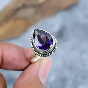 Nakshmart Amethyst 925 Sterling Silver Bezel Statement Ring