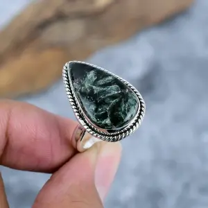 Nakshmart Natural Seraphinite 925 Sterling Silver Statement Ring