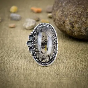 Natural Black Rutile Quartz Statement Ring in 925 Sterling Silver
