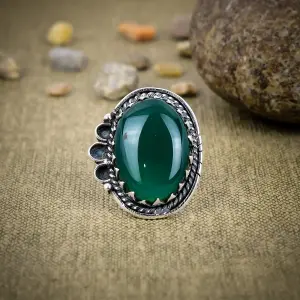 Nakshmart 925 Sterling Silver Natural Green Onyx Bezel Statement Ring