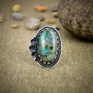 Handcrafted Natural Chrysocolla 925 Sterling Silver Statement Ring