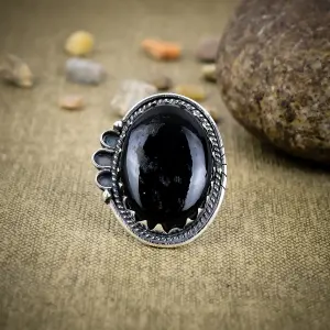 Nakshmart Natural Black Onyx 925 Sterling Silver Bezel Statement Ring