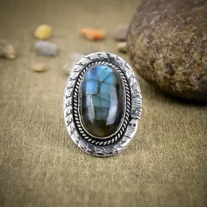 Natural Labradorite Statement Ring in 925 Sterling Silver by Nakshmart