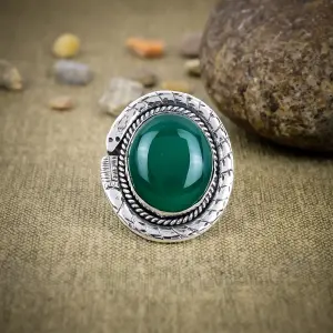 Nakshmart Natural Green Onyx Statement Ring in 925 Sterling Silver