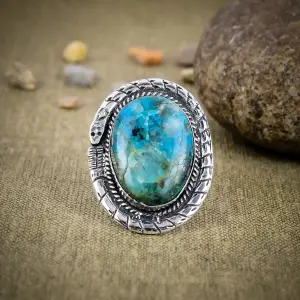 Nakshmart Natural Chrysocolla 925 Sterling Silver Statement Ring