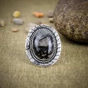 Black Rutile Quartz Statement Ring in 925 Sterling Silver