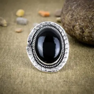 Nakshmart Natural Black Onyx Bezel Statement Ring in 925 Silver