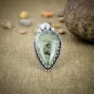 Nakshmart Natural Prehnite 925 Sterling Silver Bezel Statement Ring