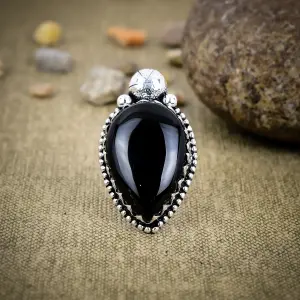 Nakshmart Natural Black Onyx Bezel Statement Ring in 925 Silver