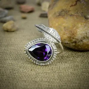 Nakshmart 925 Sterling Silver Lab Amethyst Bezel Statement Ring
