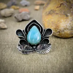 Nakshmart Natural Larimar 925 Sterling Silver Bezel Statement Ring
