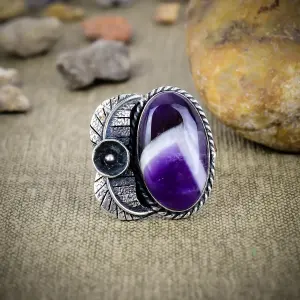 Nakshmart Natural Chevron Amethyst 925 Sterling Silver Statement Ring