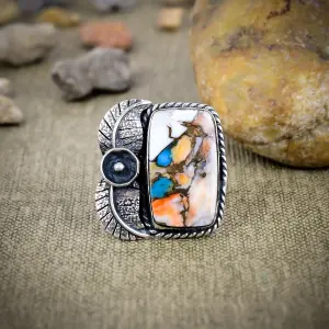 Nakshmart 925 Sterling Silver Spiny Oyster Turquoise Statement Ring