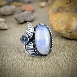 Nakshmart 925 Sterling Silver Natural Moonstone Statement Ring