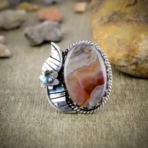 Nakshmart Natural Crazy Lace Agate Sterling Silver Statement Ring
