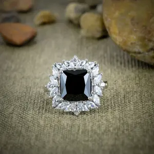 Nakshmart Black Spinel 925 Sterling Silver Bezel Statement Ring