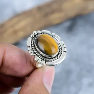 Natural Tiger Eye 925 Sterling Silver Bezel Statement Ring