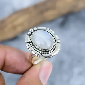 Nakshmart Natural Moonstone 925 Sterling Silver Bezel Statement Ring