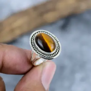 Nakshmart 925 Sterling Silver Natural Tiger Eye Statement Ring