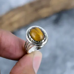 Nakshmart Natural Tiger Eye Bezel Set 925 Silver Statement Ring