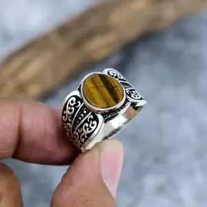 Nakshmart Natural Tiger Eye Statement Ring in 925 Sterling Silver