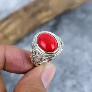 Natural Red Coral 925 Sterling Silver Bezel Statement Ring