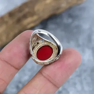 Natural Red Coral 925 Sterling Silver Bezel Statement Ring