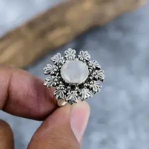 Nakshmart Natural Rainbow Moonstone 925 Sterling Silver Statement Ring