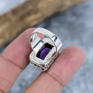 Nakshmart Natural Amethyst Bezel Statement Ring 925 Sterling Silver