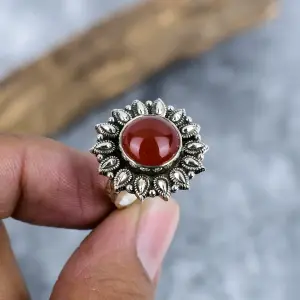 Natural Red Onyx Bezel Set Statement Ring in 925 Sterling Silver