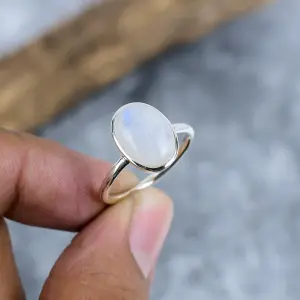 Natural Rainbow Moonstone 925 Silver Bezel Statement Ring