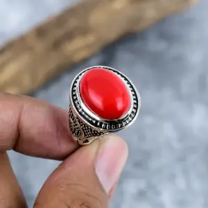 Nakshmart Natural Red Coral 925 Sterling Silver Statement Ring