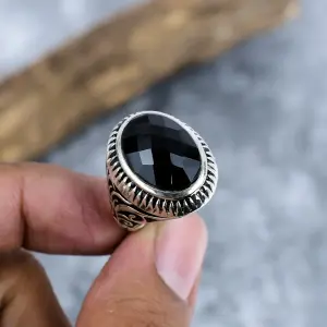 Nakshmart Black Spinel Bezel Statement Ring in 925 Sterling Silver