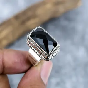 Nakshmart Black Spinel 925 Sterling Silver Bezel Statement Ring